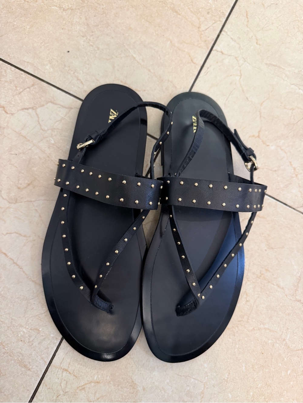 Zara Black Leather Studded Flat Sandals
